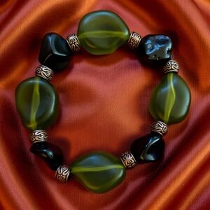 Handmade Artisan Green Glass & Black Stone Bracelet